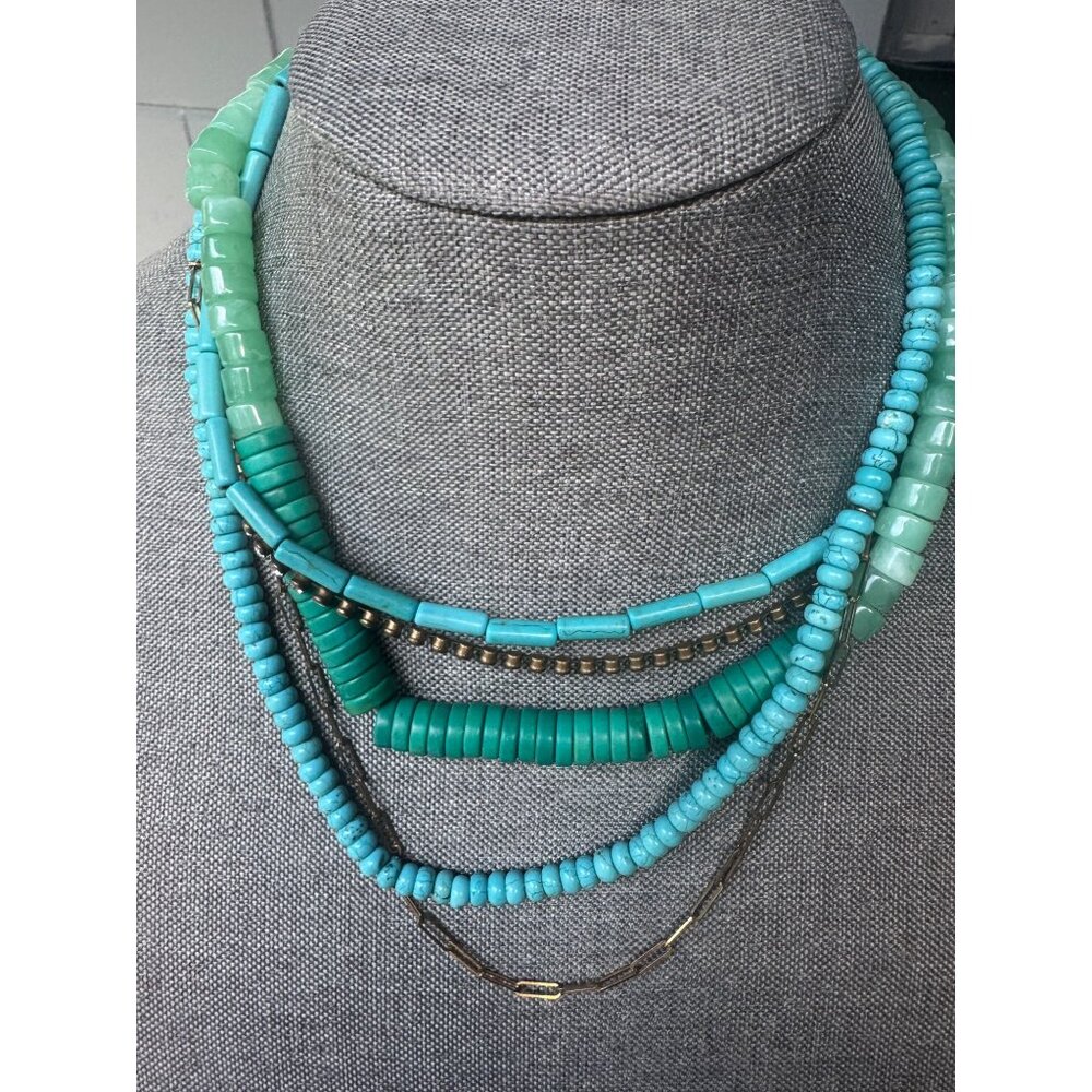 Serafina Multi-Strand Turquoise & Green Beaded Necklace With Gold Chain Accents